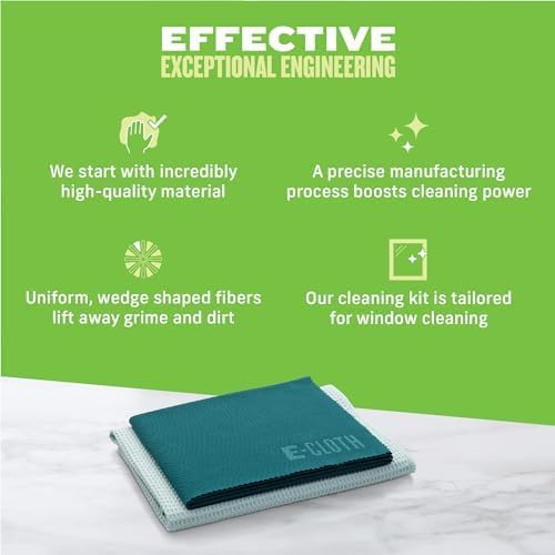 E-Cloth Microfiber Window Cleaning Cloth Kit - Glass Cleaning Cloth for Windows, Mirrors, Cars, Lenses, Eyeglasses, & More, Streak Free Clean, Machine Washable Reusable Towel - Green (2 Kits)