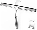HOME SO Shower Squeegee for Glass Doors – Stainless Steel Squeegee with Adhesive Hooks - Window, Floor & Car Squeegee, Multi-Purpose Bathroom, Mirror & Tile Cleaner - Bathroom Essentials - Chrome 12"