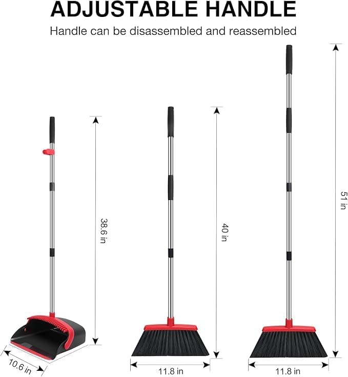 Broom and Dustpan Set – Upright Standing Broom with Long Handle and Clip-On Dustpan – Indoor Sweeping Set for Home, Office, or Kitchen – Space-Saving & Easy to Store (Red & Black)