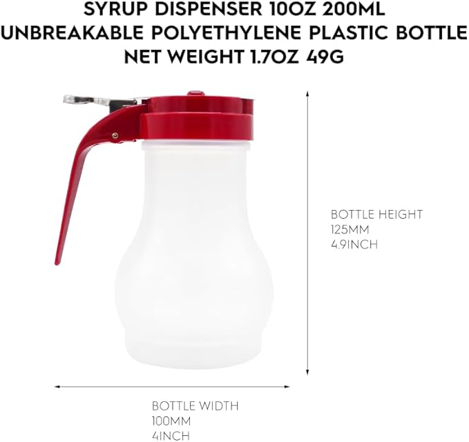 2 Pack Syrup Dispenser 10oz 200ml Polyethylene Plastic Bottle with Red ABS Top No-Drip Pourers for Maple Syrup, Honey, Pancake Syrup, Sauces, Salad Dressings