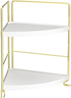 FSyueyun 2-Tier Corner Bathroom Counter Organizer, Tool-Less Installation Vanity Shelf Small Plastics Countertop Makeup Tray Skincare Perfume Organizers (Gold)