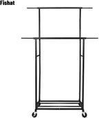 Fishat Stand Portable Black Double Rods Garment Clothes Rack with Rolling and Lockable Wheels Mobile, 48" W x 15" D x 67" H, Metal Simple Hanging Clothes with 2 Hook