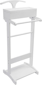Clothing Rack, Wood Suit Clothes Stand with Drawer, Practical Freestanding Clothes Stand with Top Tray for Men, Women, Organizes Ties, Belts, Shoes, 22Ibs Capacity, Modern White