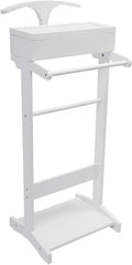 Valet Stand with Drawer and Top Tray, Wood Mens Suit Valet Stand with Wood Base, Freestanding Clothes Valet Stand with Hanger, Storage Organizer for Entryway Office Living Room (D, White)