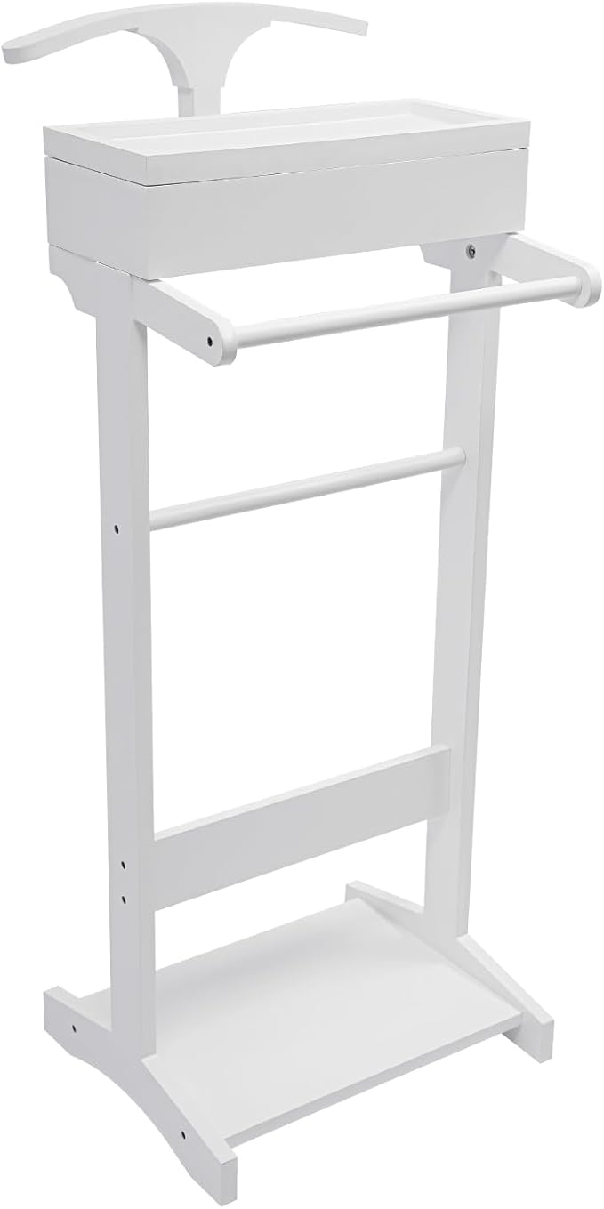 Valet Stand with Drawer and Top Tray, Wood Mens Suit Valet Stand with Wood Base, Freestanding Clothes Valet Stand with Hanger, Storage Organizer for Entryway Office Living Room (D, White)