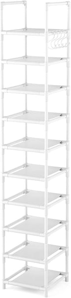 LANTEFUL Tall Narrow Shoe Rack 10-Tier Skinny Shoe Shelf Storage for 10-15 Pairs Shoes and Boots, Space Saving Corner Shoe Rack Organizer for Closet, Entryway, Garage, Living Room,White