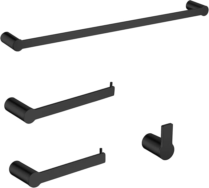 4-Pieces Bathroom Accessories Set, Matte Black Towel Bar Set Modern Stainless Steel Towel Rack Towel Hooks Toilet Paper Holder for Bathroom Wall Mounted, 16 Inch
