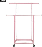 Fishat Portable Pink Double Rods Garment Clothes Rack for Drying with Rolling Clothes Organizer on Lockable Wheels Mobile for Girls Women, 48"W x 15"D x 67"H, Metal Simple Hanging Clothes with 2 Hook