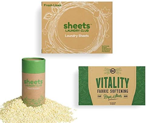 Sheets Laundry Club Bundle - 50 Pack (up to 100 loads) Fresh Linen Detergent Sheets, 40 Pack Free & Clear Dryer Sheets & 8 Oz. Uncharted Waters Scent Booster - New Liquidless Technology