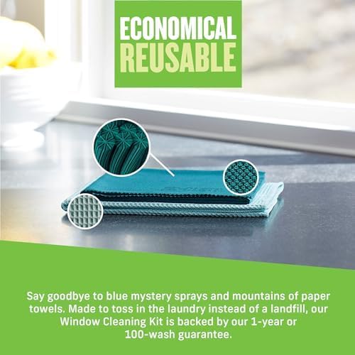 E-Cloth Microfiber Window Cleaning Cloth Kit - Glass Cleaning Cloth for Windows, Mirrors, Cars, Lenses, Eyeglasses, & More, Streak Free Clean, Machine Washable Reusable Towel - Green (2 Kits)