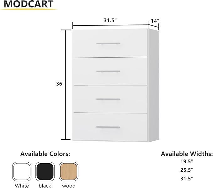 MODCART 4 Drawer Short Tower Closet Unit, Modular Closet System, Wood Closet System Organizer with Storage for Walk In Closets, Clothing Rack Closet for Hanging Clothes, Bedroom, White, 31.5"W