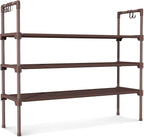 LANTEFUL 3 Tier Shoe Rack for Closet Shoe Organizer with 5 Hooks, Long Shoe Shelf Storage for Shoe and Boot Stackable Free Standing Shoe Rack for Entryway, Garage, Small Spaces, Dorm, Brown