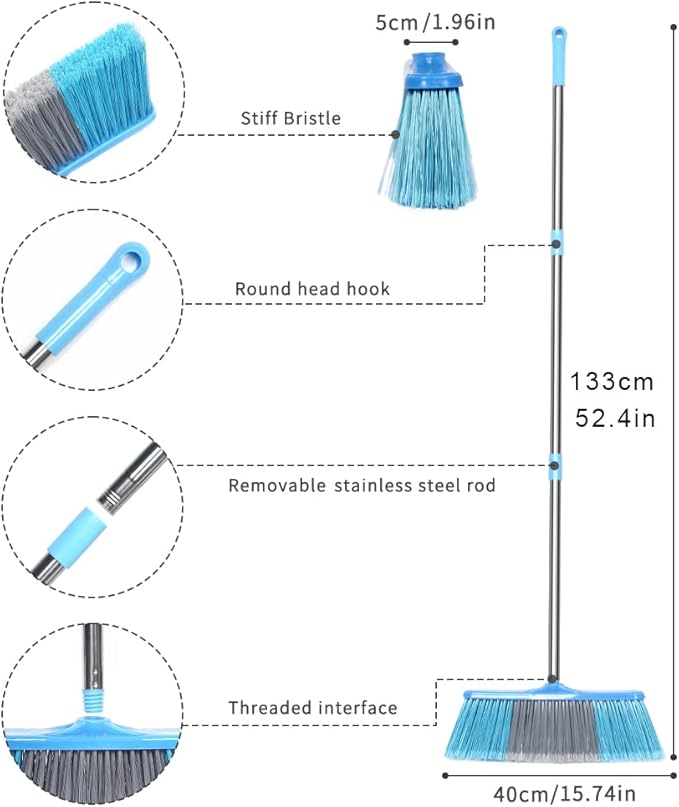 LandHope Heavy Duty Broom, 15.75in Wide Push Broom, 45.67in Long Handle, Adjustable, Floor Sweeper for Indoor Outdoor Commercial Warehouse Home Kitchen Patio Garden Garage