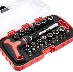 Amazon Basics 27-Piece Magnetic T-Handle Ratchet Wrench and Screwdriver Set with Bits and Sockets, Storage Case for Household Repair