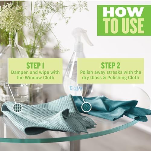 E-Cloth Microfiber Window Cleaning Cloth Kit - Glass Cleaning Cloth for Windows, Mirrors, Cars, Lenses, Eyeglasses, & More, Streak Free Clean, Machine Washable Reusable Towel - Green (2 Kits)