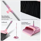 Upright Broom and Dustpan Set - Long Handle for No-Bending Comfort, 3 Rows Dense Bristles for Deep Sweeping, Suitable for Home, Office, Kitchen, Lobby, Shop, Indoor & Outdoor Spaces, Pink & Purple