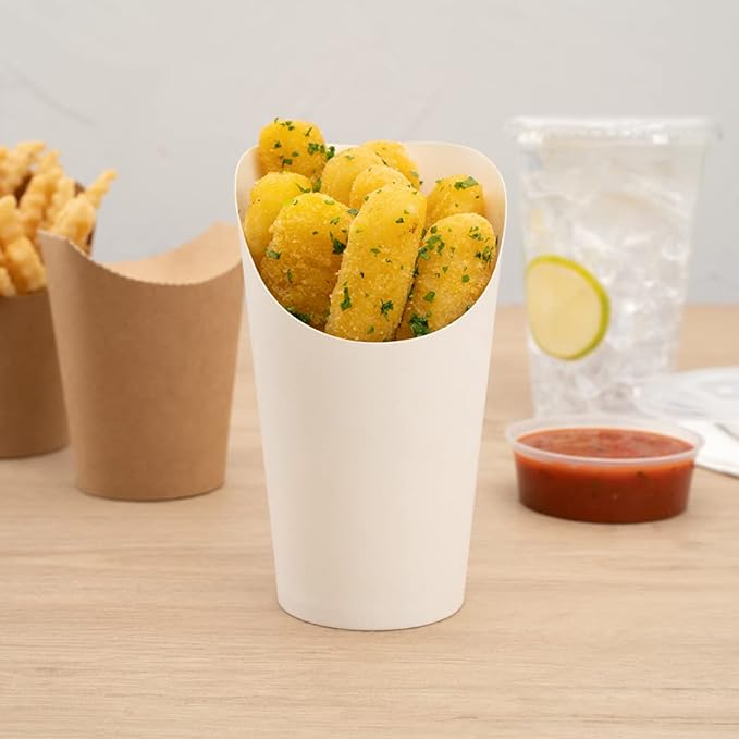 Restaurantware Bio Tek 16 Ounce French Fry Containers 100 Disposable Charcuterie Cups - Incline Design Round White Paper French Fry Cups Stackable For Waffles Chips or Popcorn