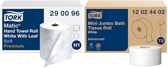 Tork Matic Soft Hand Towel Roll, White, Premium, H1, Quick-Absorbing, Long-Lasting, Thick 2-Ply, 6 Rolls x 575 ft, 290096 & Mini Jumbo Toilet Paper Roll White T2, Advanced, 2-Ply, 12 x 751', 12024402