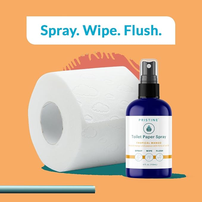 PRISTINE Toilet Paper Spray - As Seen on Shark Tank, More Natural Personal Cleansing Wipes & Flushable Wet Wipes Alternative, Spray Toilet Paper to Create Flushable Wipe, Tropical Mango, 4 fl oz