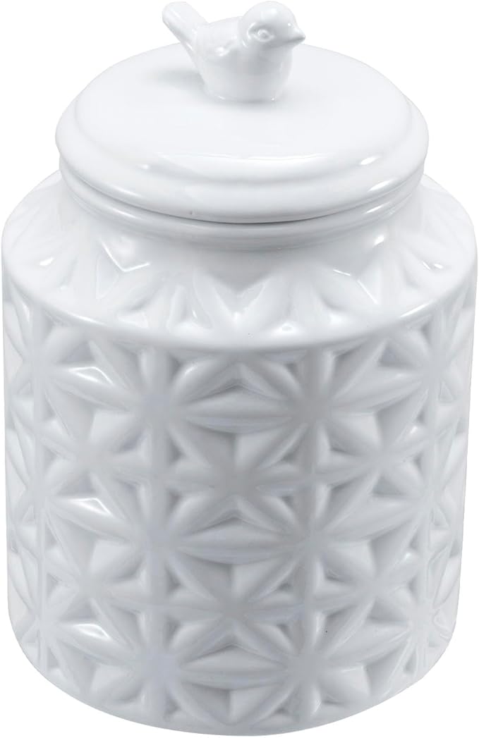MyGift 6 Inch Round White Ceramic Cookie Jar with Airtight Lid and Bird Shape Top Handle, Vintage Style Kitchen Canister with Embossed Geometric Star Pattern