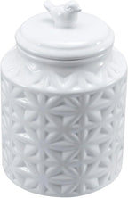 MyGift 6 Inch Round White Ceramic Cookie Jar with Airtight Lid and Bird Shape Top Handle, Vintage Style Kitchen Canister with Embossed Geometric Star Pattern