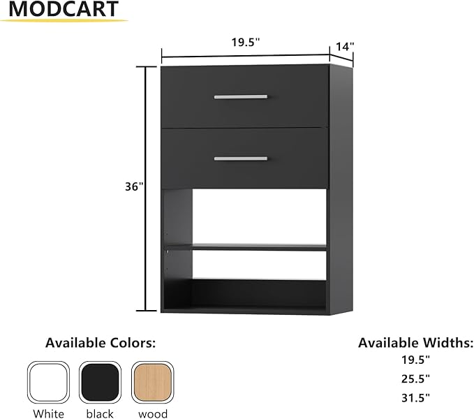 MODCART 2 Drawer Short Tower Closet Unit, Modular Closet System, Wood Closet System Organizer with Storage for Walk In Closets, Clothing Rack Closet for Hanging Clothes, Bedroom, Black, 19.5"W
