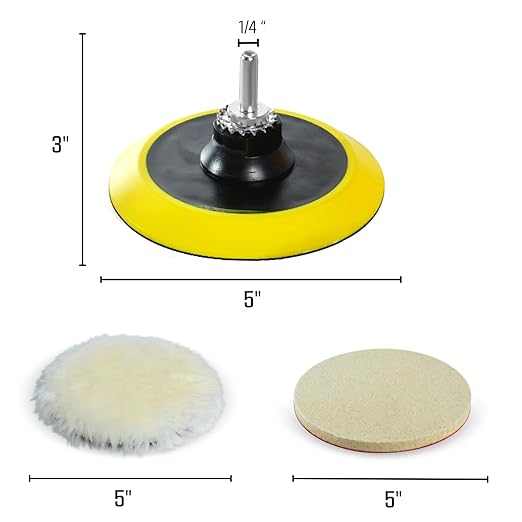 LINE10 Tools 5-Inch Wool Polishing Kit for Drill or Angle Grinder or Orbital, Includes 5 Hard Felt, 5 Soft Wool Buffing Pads with Hook and Loop, Drill Adapter Attachment, Small Car Buffer Auto Glass