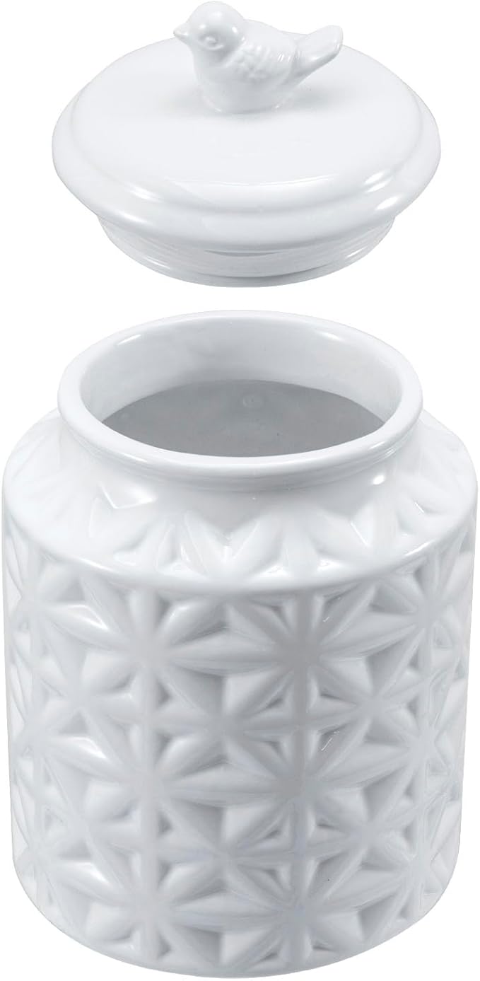 MyGift 6 Inch Round White Ceramic Cookie Jar with Airtight Lid and Bird Shape Top Handle, Vintage Style Kitchen Canister with Embossed Geometric Star Pattern