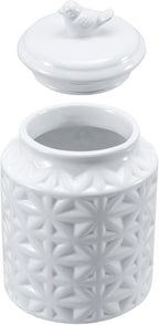 MyGift 6 Inch Round White Ceramic Cookie Jar with Airtight Lid and Bird Shape Top Handle, Vintage Style Kitchen Canister with Embossed Geometric Star Pattern
