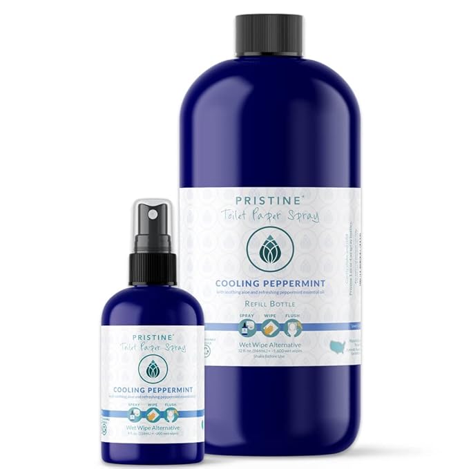 PRISTINE Toilet Paper Spray - As Seen on Shark Tank, More Natural Personal Cleansing Wipes & Flushable Wet Wipes Alternative, Cooling Peppermint, 32 fl oz Refill