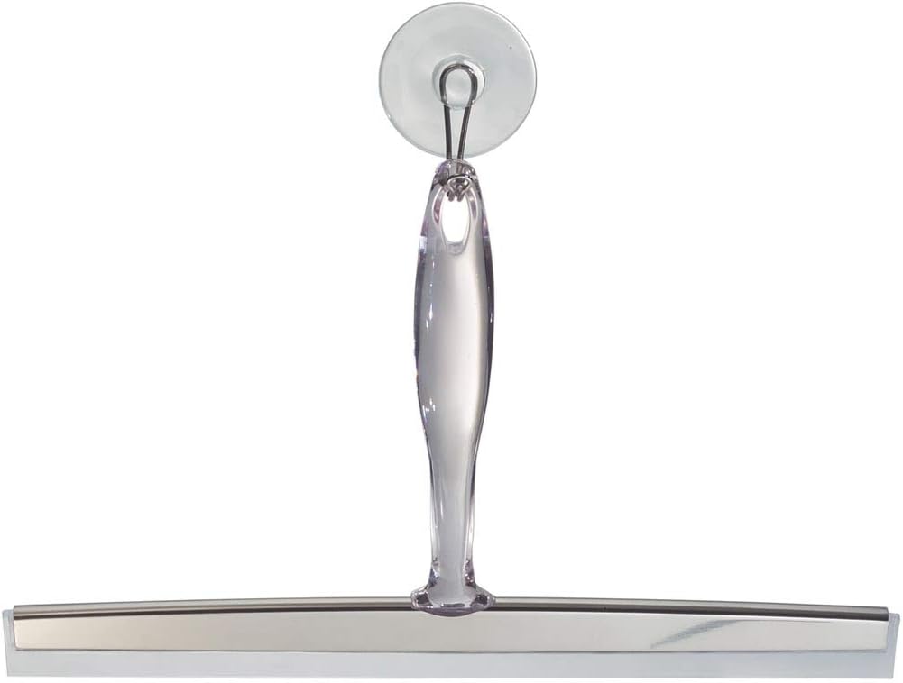 iDesign Zia Metal and Plastic Bathroom Squeegee for Shower, Glass Doors, Floors, Mirrors, with Suction Hook Holder , 12 Inches, Clear and Stainless Steel