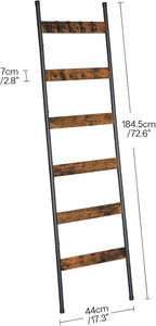HOOBRO Blanket Ladder, 6-Tier Towel Rack with Hooks, Wall-Leaning Blanket Rack, Decorative Display Ladder Shelf, Scarves, Industrial, Living Room, Bedroom, Rustic Brown and Black BF66CJ01