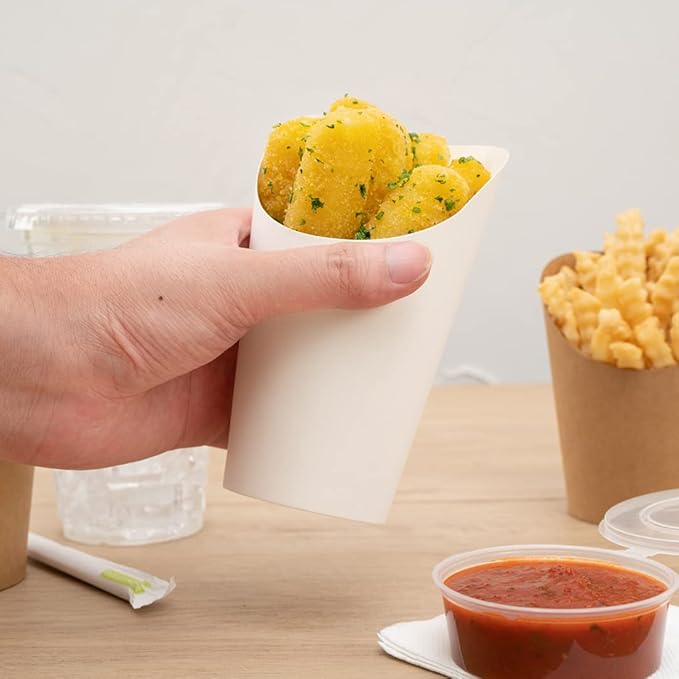 Restaurantware Bio Tek 16 Ounce French Fry Containers 100 Disposable Charcuterie Cups - Incline Design Round White Paper French Fry Cups Stackable For Waffles Chips or Popcorn