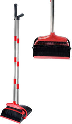 Broom and Dustpan Set, Stand Upright Windproof Dustpan, Long Handle Broom and Dustpan with Teeth for Home Kitchen Room Office Lobby Floor Cleaning (Black+Red)