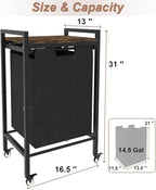 14.5 Gal Large Laundry Hamper with Wheels, Pull-Out & Removable Sorter Bags, Freestanding Clothes Basket Organizer for Clothing or Toys in Bathroom and Living Room, Rustic Brown and Black