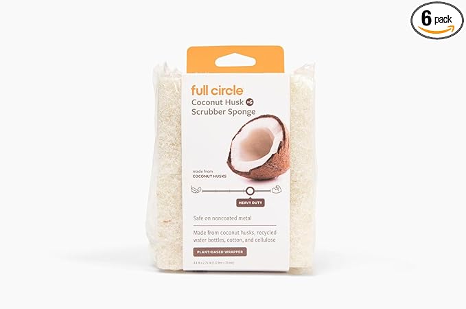 Full Circle Coconut Scrubber Sponges, Pack of 6 – Dual-Sided, Plant-Based Sponges Made with Coconut Shells, Cellulose & Recycled Materials, Safe for Nonstick Cookware