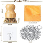 Patelai 7 Pieces Cast Iron Cleaner Set Include Stainless Steel Chainmail Scrubber with Bamboo Dish Scrub Brush Hot Handle Holder 2 Pan Grill Scrapers Kitchen Towel Wall Hook (Bright Color)
