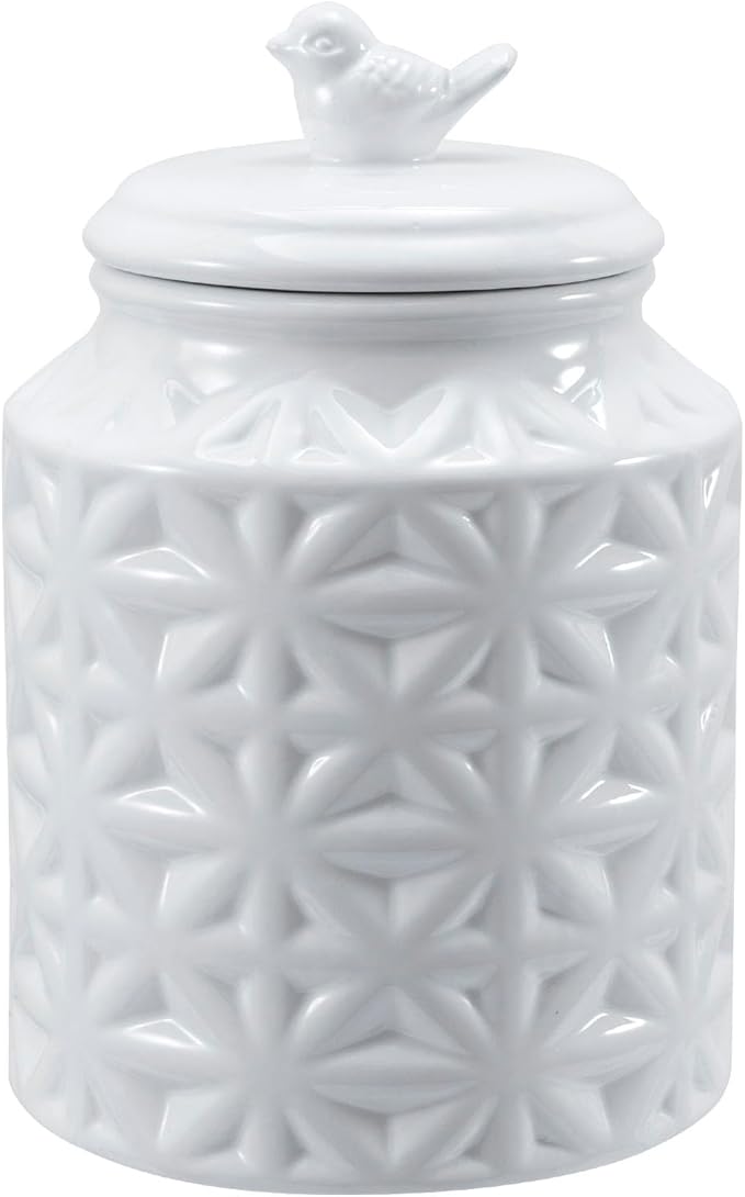 MyGift 6 Inch Round White Ceramic Cookie Jar with Airtight Lid and Bird Shape Top Handle, Vintage Style Kitchen Canister with Embossed Geometric Star Pattern