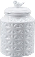 MyGift 6 Inch Round White Ceramic Cookie Jar with Airtight Lid and Bird Shape Top Handle, Vintage Style Kitchen Canister with Embossed Geometric Star Pattern
