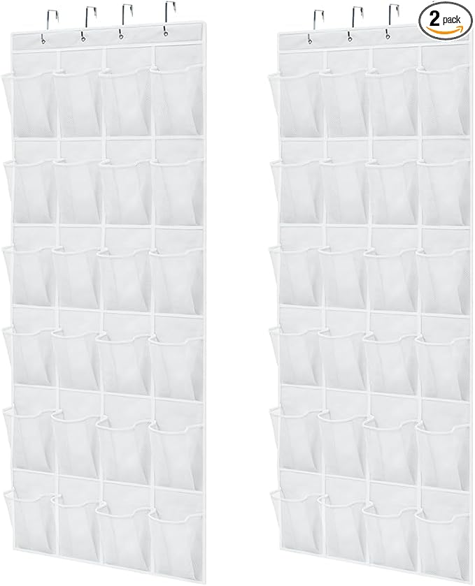 GORILLA GRIP Over the Door Shoe Organizer, 2 Pack, 24 Breathable Mesh Pockets, Space Saving Hanging Storage Holder, Closet Rack Hanger Holds Up to 40 lbs, Hangs on Closets, Shoes, Accessories, White