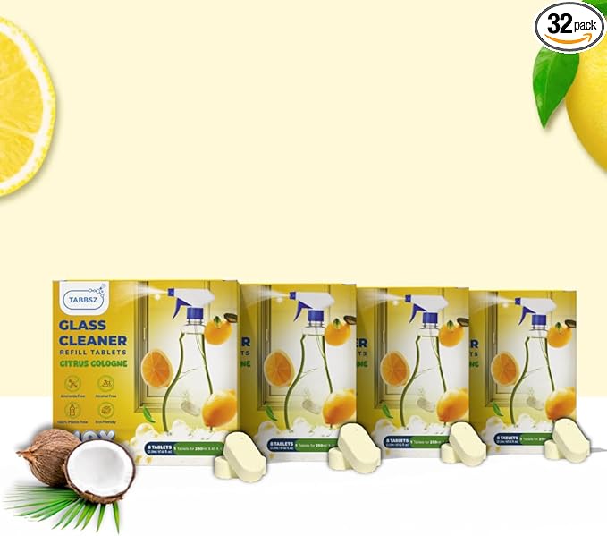 Glass Cleaner Refill Tablets | Plant-Based Streak-Free Window & Mirror Cleaner | Non-Toxic & Eco-Friendly Cleaning Solution | Plastic-Free Packaging | Citrus Cologne - Pack of 32