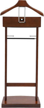 Valet Stand for Man and Women, Wood Suit Rack Suit Valet Stand with Top Tray, Storage Drawer, Bottom Shoe Rack, Freestanding Clothes Rack for Living Room, Entryway, Bedroom, Office, Black (Brown)