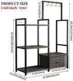 Industrial 4-Tier Storage Shelf with Drawer & Hanging Hooks - Metal & Wood Entryway Organizer Rack for Bedroom, Living Room - Freestanding Clothing Coat Rack with Multi-Level Shelves (Black)