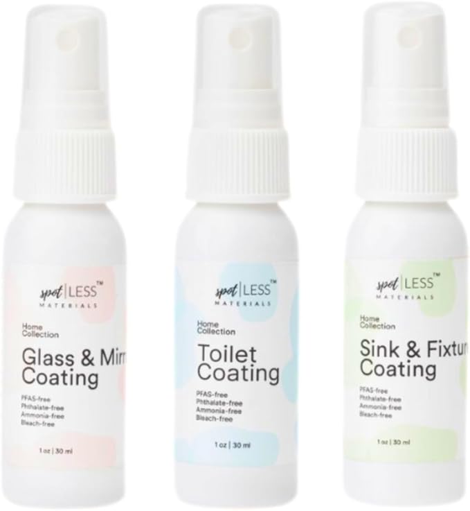 spotLESS MATERIALS Bathroom Starter Kit, Toilet Coating Spray, Glass and Mirror Protective Coating, Sink and Fixture Coating, Stain Resistant, Streak Free, PFAS Free, Quick Effect Coating Agent