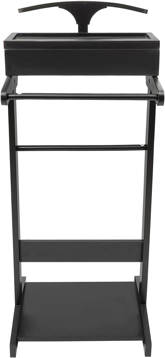 Valet Stand for Man and Women, Wood Suit Rack Suit Valet Stand with Top Tray, Storage Drawer, Bottom Shoe Rack, Freestanding Clothes Rack for Living Room, Entryway, Bedroom, Office, Black (Black)