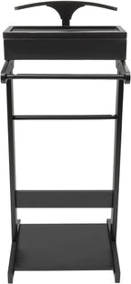 Clothing Rack, Wood Suit Clothes Stand with Drawer, Practical Freestanding Clothes Stand with Top Tray for Men, Women,Organizes Ties, Belts, Shoes, 22Ibs Capacity, Modern Black