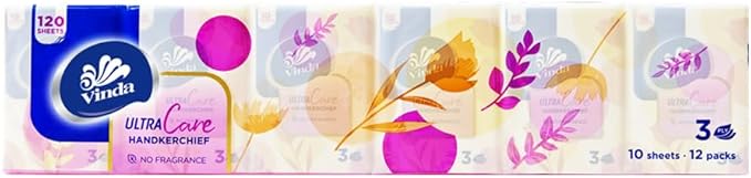 Vinda 3-Ply Mini Ultra Care Pocket Tissues, Portable Series Facial Tissue, Travel Size for Use In All Occasions (12 Packs of 10 Tissues)
