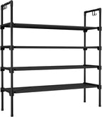 LANTEFUL 4 Tier Shoe Rack for Closet Shoe Organizer with 5 Hooks, Long Shoe Shelf Storage for Shoe and Boot Stackable Free Standing Shoe Rack for Entryway, Garage, Small Spaces, Dorm, Black