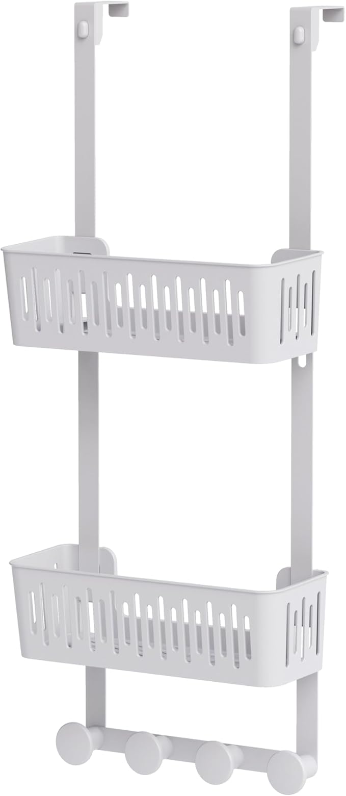 Zenna Home SnugFit Over the Door Caddy Organizer with 2 Storage Baskets and 4 Hooks, Over Door Hanging Organizer for Bathroom, Kitchen, Bedroom, Closet, Easy to Install, No Drilling, White