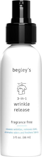 Begley's 3-in-1 Wrinkle Remover, Quick Fix Wrinkle Release, Static Cling Remover, Odor Eliminator and Fabric Refresher Spray - USDA Certified Biobased - Fragrance-Free, 3 oz Travel Size